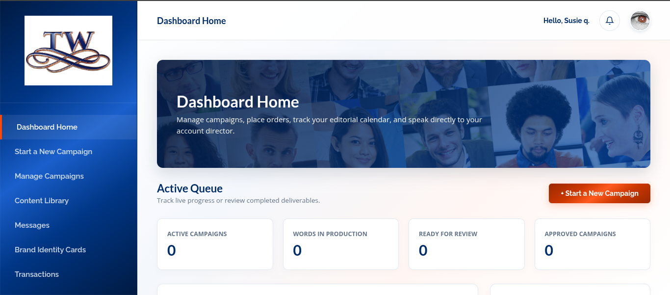 Textworkers Dashboard Home Screen