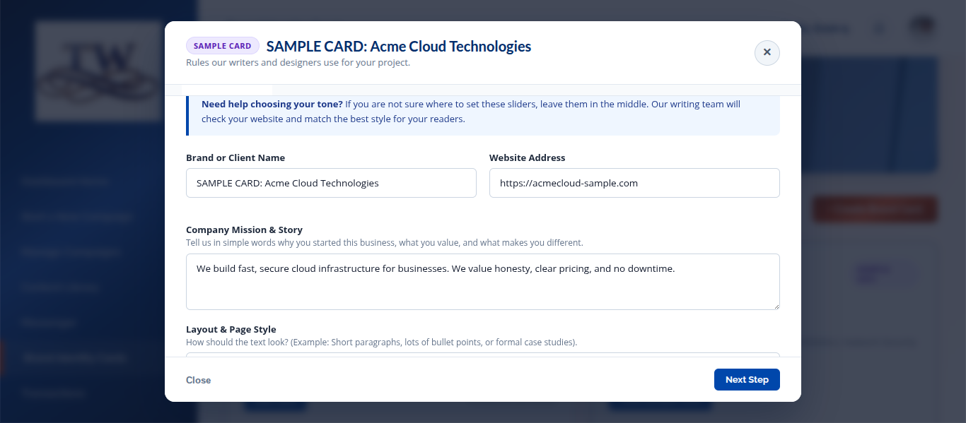 Sample Brand Card Settings